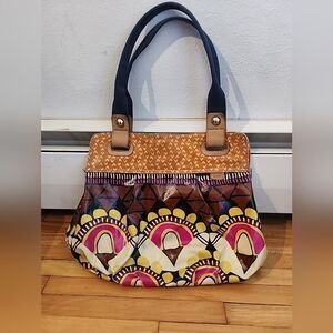Fossil Key Per Hobo Tote Handbag Coated Canvas Geometric Hippie